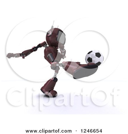 Clipart of a 3d Red Android Robot Playing Soccer 4 - Royalty Free Illustration by KJ Pargeter