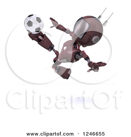 Clipart of a 3d Red Android Robot Playing Soccer 3 - Royalty Free Illustration by KJ Pargeter