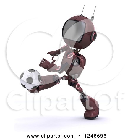 Clipart of a 3d Red Android Robot Playing Soccer - Royalty Free Illustration by KJ Pargeter