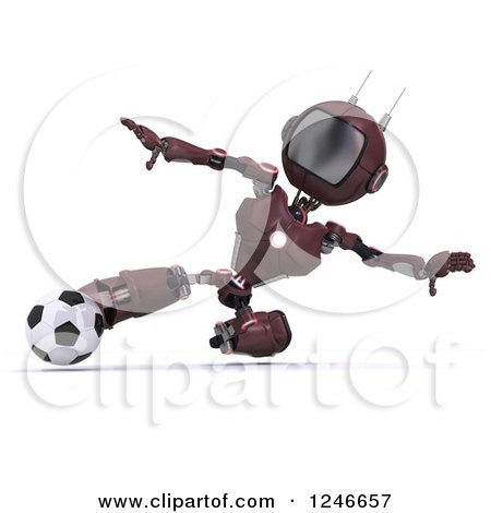 Clipart of a 3d Red Android Robot Playing Soccer 2 - Royalty Free Illustration by KJ Pargeter