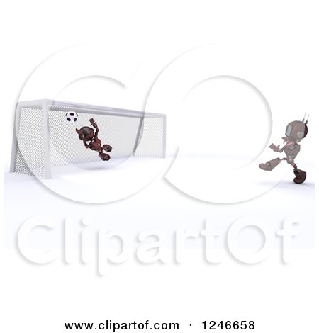 Clipart of 3d Red Android Robots Playing Soccer - Royalty Free Illustration by KJ Pargeter