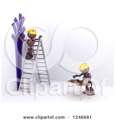 Clipart of 3d Red Construction Android Robots Applying Wallpaper - Royalty Free Illustration by KJ Pargeter