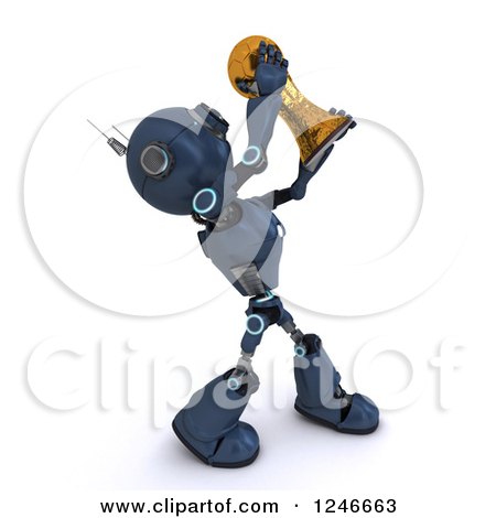 Clipart of a 3d Blue Android Robot Holding up a Soccer Championship Trophy 3 - Royalty Free Illustration by KJ Pargeter