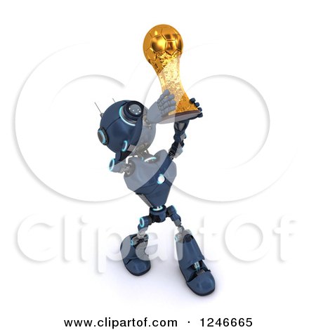 Clipart of a 3d Blue Android Robot Holding up a Soccer Championship Trophy - Royalty Free Illustration by KJ Pargeter