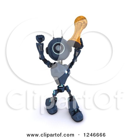 Clipart of a 3d Blue Android Robot Holding up a Soccer Championship Trophy 2 - Royalty Free Illustration by KJ Pargeter