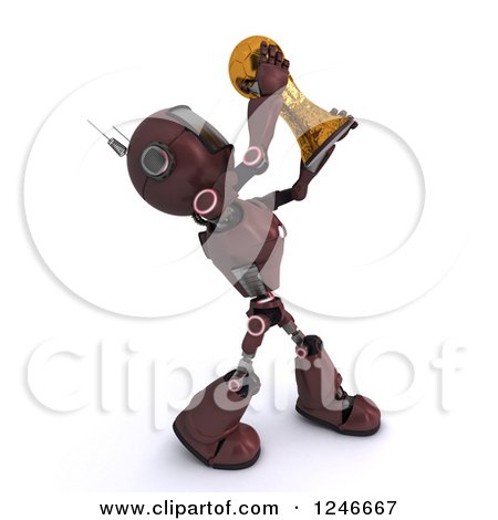 Clipart of a 3d Red Android Robot Holding up a Soccer Championship Trophy 3 - Royalty Free Illustration by KJ Pargeter