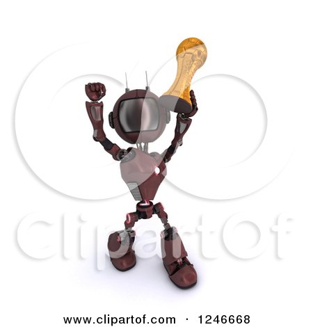 Clipart of a 3d Red Android Robot Holding up a Soccer Championship Trophy 2 - Royalty Free Illustration by KJ Pargeter