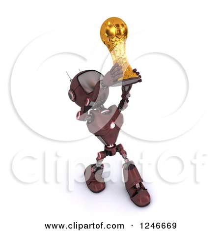 Clipart of a 3d Red Android Robot Holding up a Soccer Championship Trophy - Royalty Free Illustration by KJ Pargeter