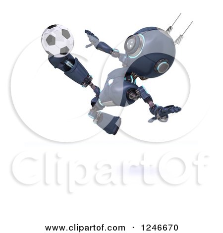 Clipart of a 3d Blue Android Robot Playing Soccer 3 - Royalty Free Illustration by KJ Pargeter