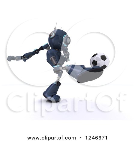 Clipart of a 3d Blue Android Robot Playing Soccer 4 - Royalty Free Illustration by KJ Pargeter
