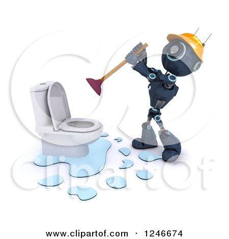 Clipart of a 3d Blue Android Robot Plumber Plunging a Toilet - Royalty Free Illustration by KJ Pargeter
