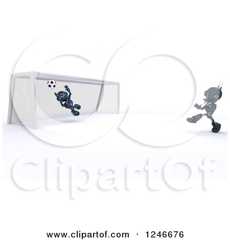 Clipart of 3d Blue Android Robots Playing Soccer - Royalty Free Illustration by KJ Pargeter