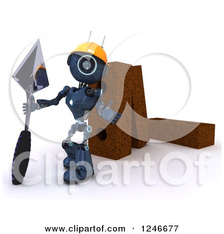 Clipart of a 3d Blue Android Robot Mason Worker with Giant Bricks and a Trowel 2 - Royalty Free Illustration by KJ Pargeter