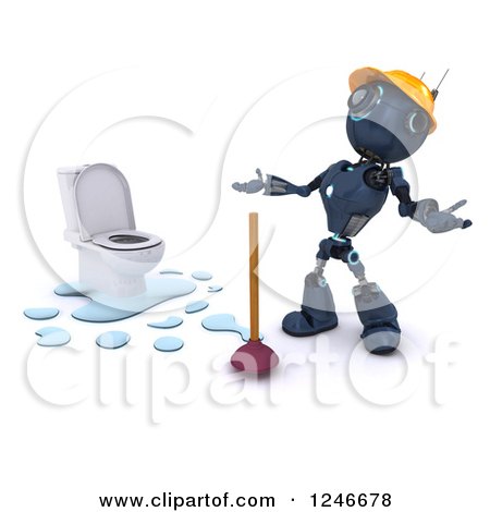 Clipart of a 3d Blue Android Robot by a Plunger and Toilet - Royalty Free Illustration by KJ Pargeter