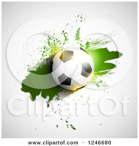 Clipart of a 3d Soccer Ball on a Green Splatter - Royalty Free Vector Illustration by KJ Pargeter