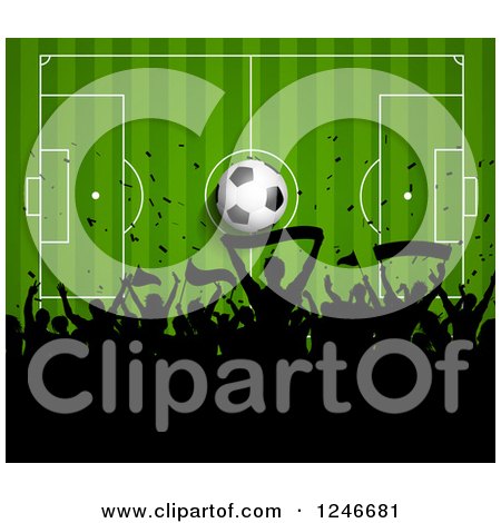 Clipart of a Silhouetted Crowd of Fans over a Soccer Pitch - Royalty Free Vector Illustration by KJ Pargeter