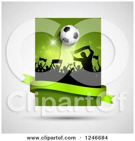 Clipart of a Silhouetted Crowd of Fans with a Soccer Ball and Green Flares with a Banner - Royalty Free Vector Illustration by KJ Pargeter
