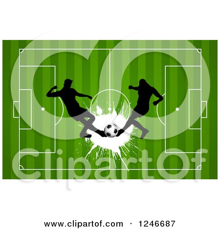 Clipart of Silhouetted Soccer Players over a Field - Royalty Free Vector Illustration by KJ Pargeter