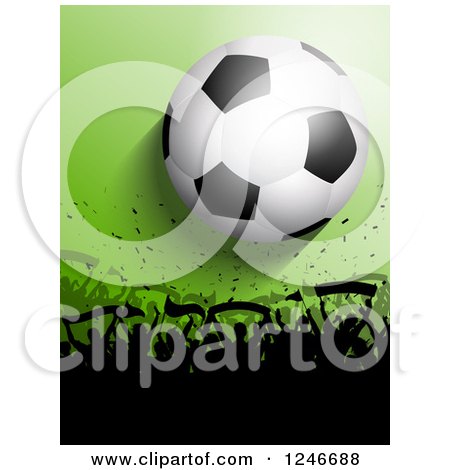 Clipart of a Silhouetted Crowd of Fans Under a Soccer Ball on Green - Royalty Free Vector Illustration by KJ Pargeter