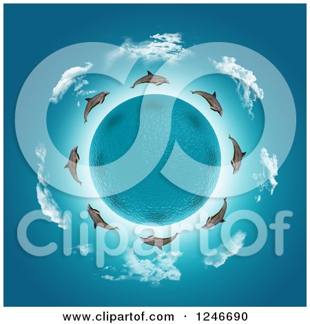 Clipart of a 3d Water Planet Encircled with Dolphins and Clouds - Royalty Free Illustration by KJ Pargeter
