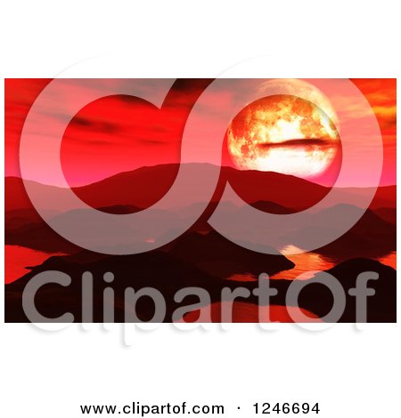 Clipart of a 3d Planet Landscape with a Fiery Sun and Lakes - Royalty Free Illustration by KJ Pargeter