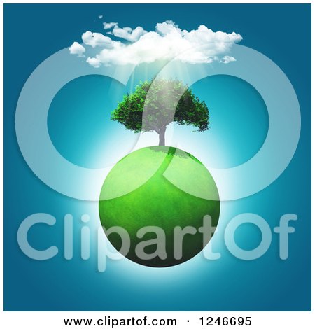 Clipart of a 3d Grassy Planet with a Lush Tree and Sunshine - Royalty Free Illustration by KJ Pargeter