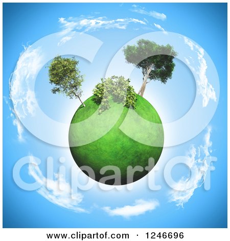 Clipart of a 3d Grassy Planet with a Shrub and Trees Encircled by Clouds - Royalty Free Illustration by KJ Pargeter