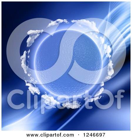 Clipart of a 3d Water Planet Encircled with Puffy White Clouds over Blue Waves - Royalty Free Illustration by KJ Pargeter