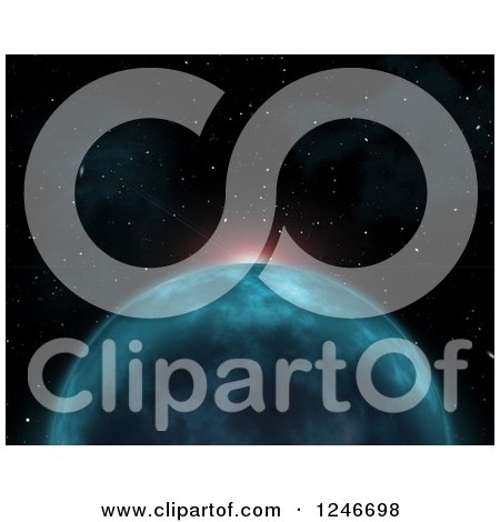 Clipart of a 3d Blue Foreign Planet and Light Rising on the Horizon - Royalty Free Illustration by KJ Pargeter