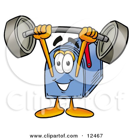 Clipart Picture of a Blue Postal Mailbox Cartoon Character Holding a Heavy Barbell Above His Head by Mascot Junction