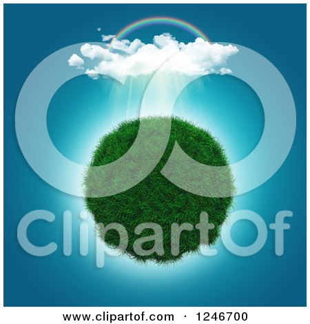 Clipart of a 3d Grassy Planet Under a Rainbow and Showers - Royalty Free Illustration by KJ Pargeter
