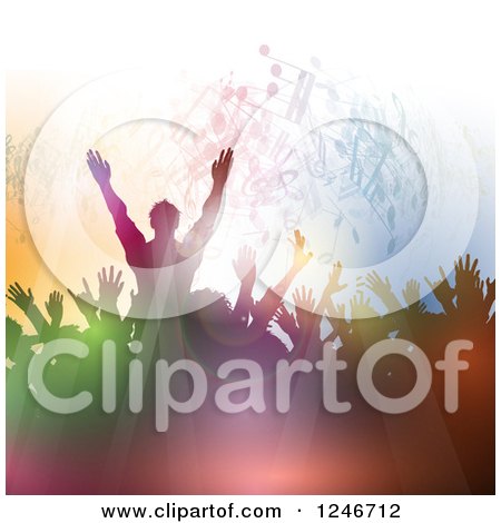 Clipart of Silhouetted Colorful Dancers Under Music Notes and Lights - Royalty Free Vector Illustration by KJ Pargeter