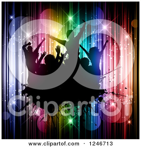Clipart of Silhouetted Dancers on a Black Splatter over Flares and Lights - Royalty Free Vector Illustration by KJ Pargeter
