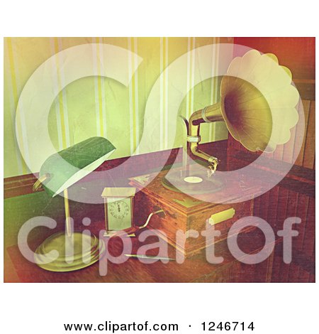 Clipart of a Vintage Texture over a Gramophone and Desk Lamp - Royalty Free Illustration by KJ Pargeter