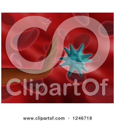Clipart of a 3d Hand Stopping a Virus over Blood Cells - Royalty Free Illustration by KJ Pargeter