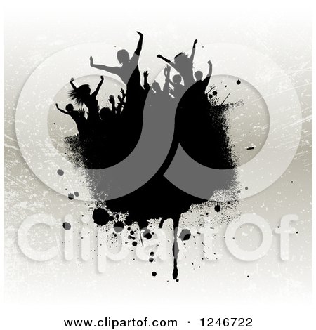Clipart of Silhouetted Dancers on a Splatter over Tan - Royalty Free Vector Illustration by KJ Pargeter