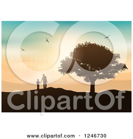 Silhouetted Father and Son by a Tree, Viewing a Wind Farm at Sunset Posters, Art Prints