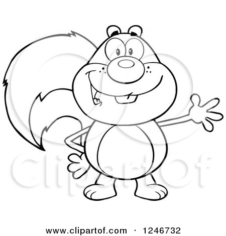 Clipart of a Black and White Friendly Squirrel Waving - Royalty Free Vector Illustration by Hit Toon