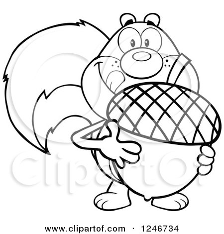 Clipart of a Black and White Hungry Squirrel Licking His Lips and Holding a Giant Acorn - Royalty Free Vector Illustration by Hit Toon