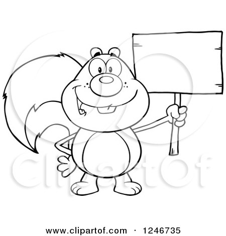 Clipart of a Black and White Happy Squirrel Holding a Blank Wooden Sign - Royalty Free Vector Illustration by Hit Toon