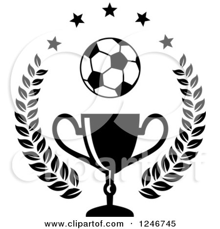 Clipart of a Black and White Soccer Ball over a Trophy Cup with Stars and a Laurel - Royalty Free Vector Illustration by Vector Tradition SM