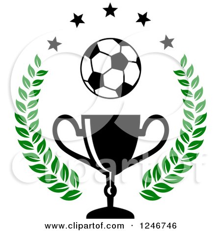 Clipart of a Soccer Ball over a Trophy Cup with Stars and a Laurel - Royalty Free Vector Illustration by Vector Tradition SM