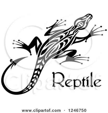 Clipart of a Black and White Tribal Lizard with Reptile Text - Royalty Free Vector Illustration by Vector Tradition SM