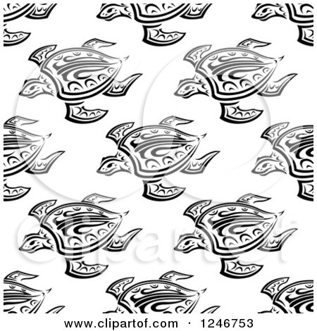 Clipart of a Seamless Black and White Background Pattern of Tribal Sea Turtles - Royalty Free Vector Illustration by Vector Tradition SM