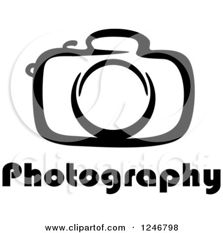 Clipart of a Black and White Camera with Photography Text - Royalty Free Vector Illustration by Vector Tradition SM