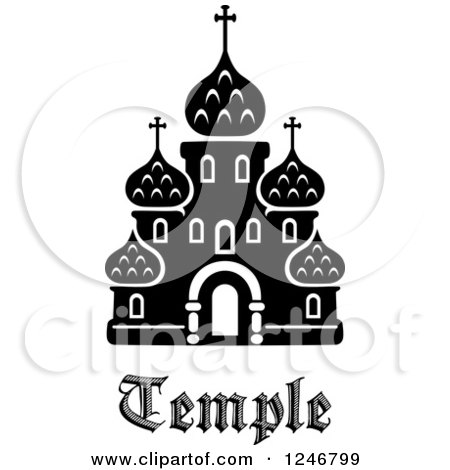 Clipart of a Black and White Temple Building with Text - Royalty Free Vector Illustration by Vector Tradition SM