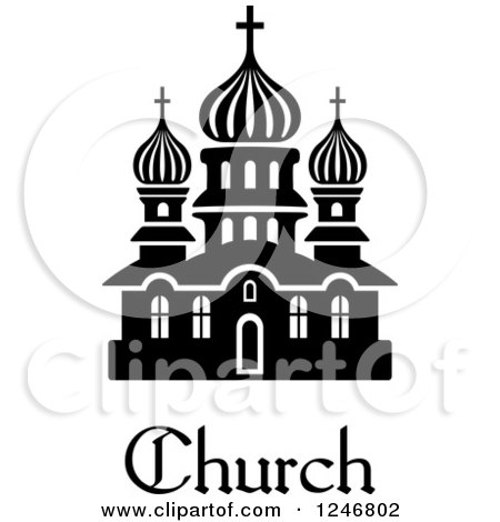 Clipart of a Black and White Church Building with Text - Royalty Free Vector Illustration by Vector Tradition SM