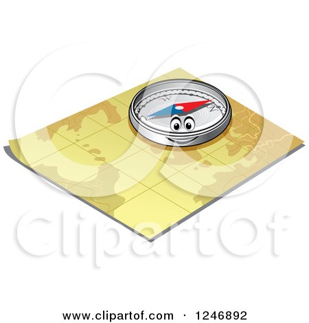Clipart of a Happy Compass on a Map - Royalty Free Vector Illustration by Vector Tradition SM