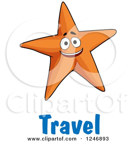 Clipart of a Happy Orange Starfish and Travel Text - Royalty Free Vector Illustration by Vector Tradition SM