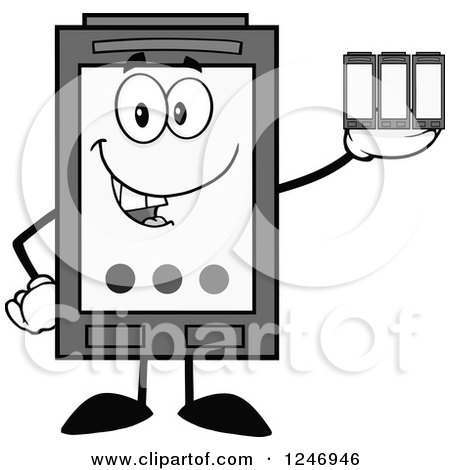 Clipart of a Grayscale Ink Cartridge Character Mascot Holding Toner - Royalty Free Vector Illustration by Hit Toon